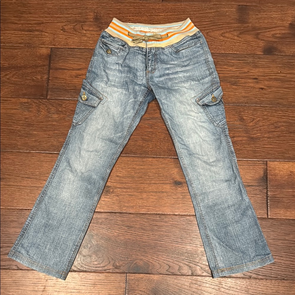 Vintage bootcut straight leg jeans with cute stretchy striped waistband